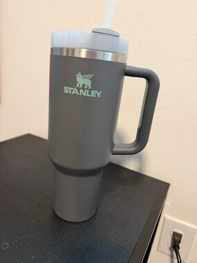 Stanley Matte Charcoal Travel Tumbler with Mint Logo and Handle